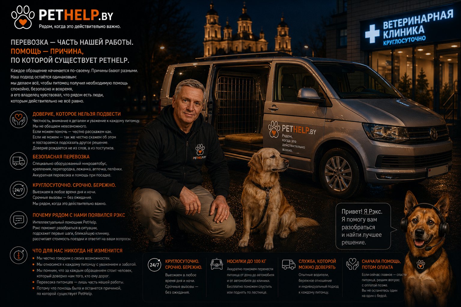 Дмитрий, основатель PetHelp.by, с собакой Рэкс у микроавтобуса PetHelp ночью на фоне ветеринарной клиники в Минске