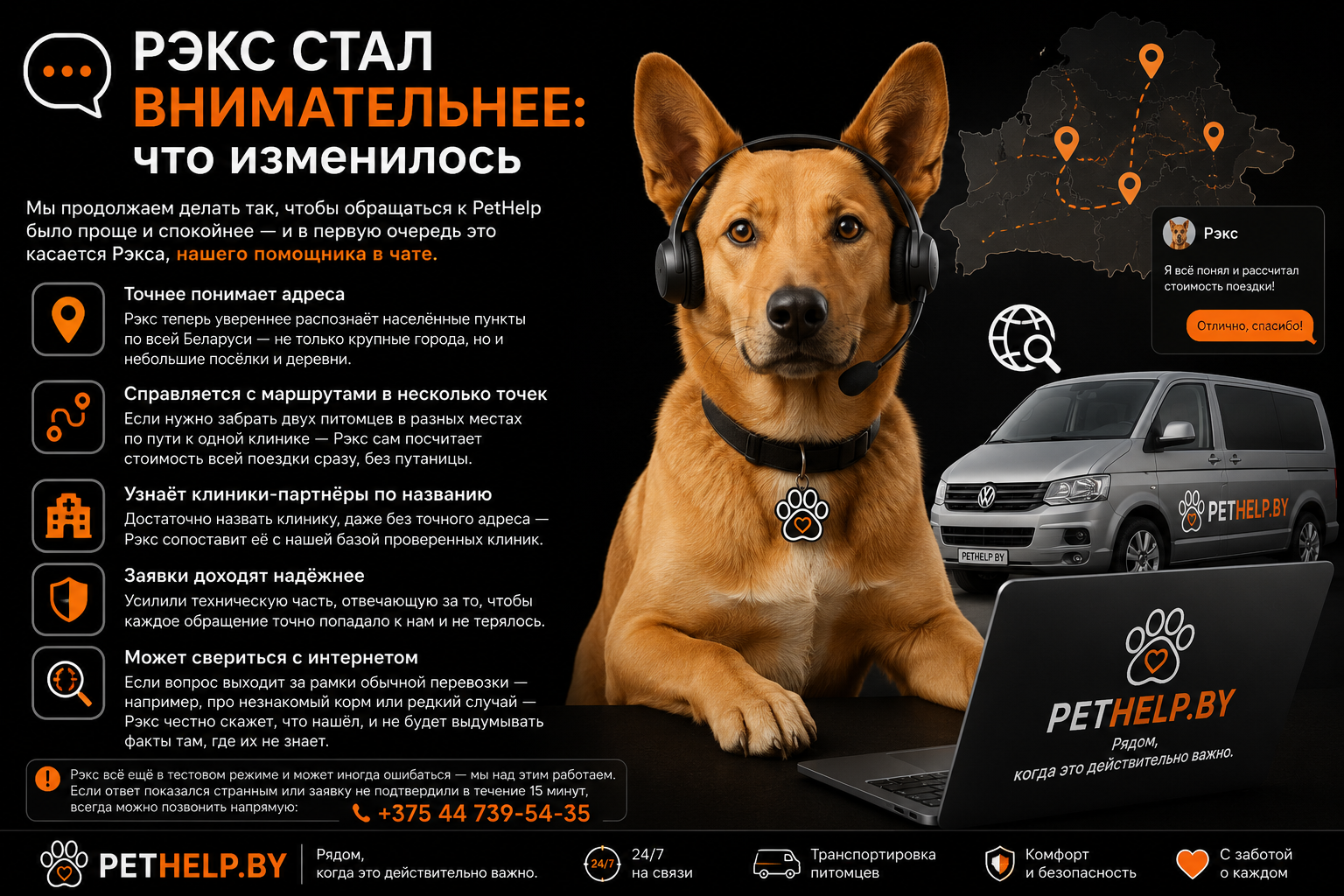 Рэкс — интеллектуальный помощник PetHelp.by в наушниках рядом с автомобилем зоотакси, на фоне карты Беларуси с маршрутом в несколько точек